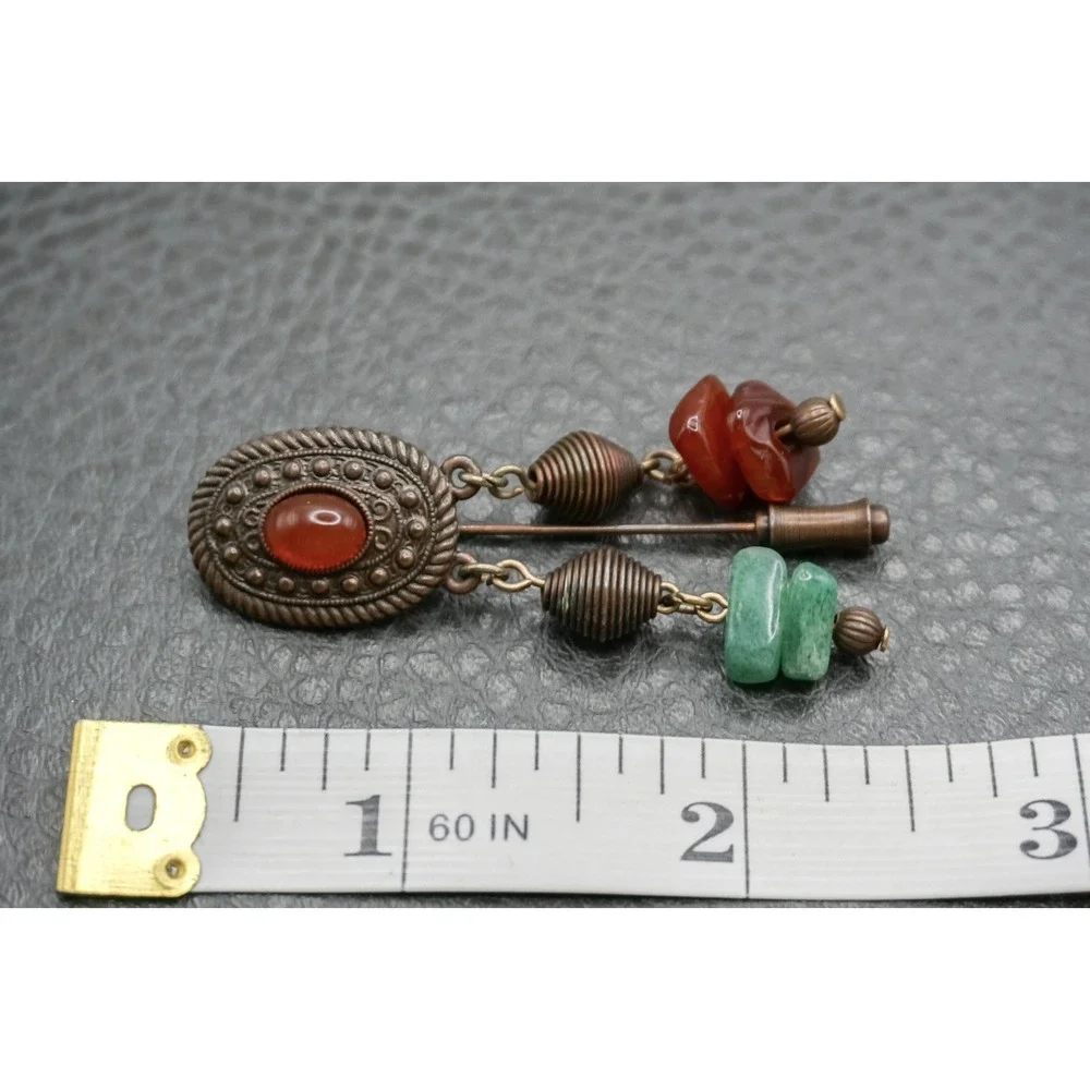 Vintage Faux Carnelian Faux Jade Copper Tone Stick Pin With Dangle Glass Beads